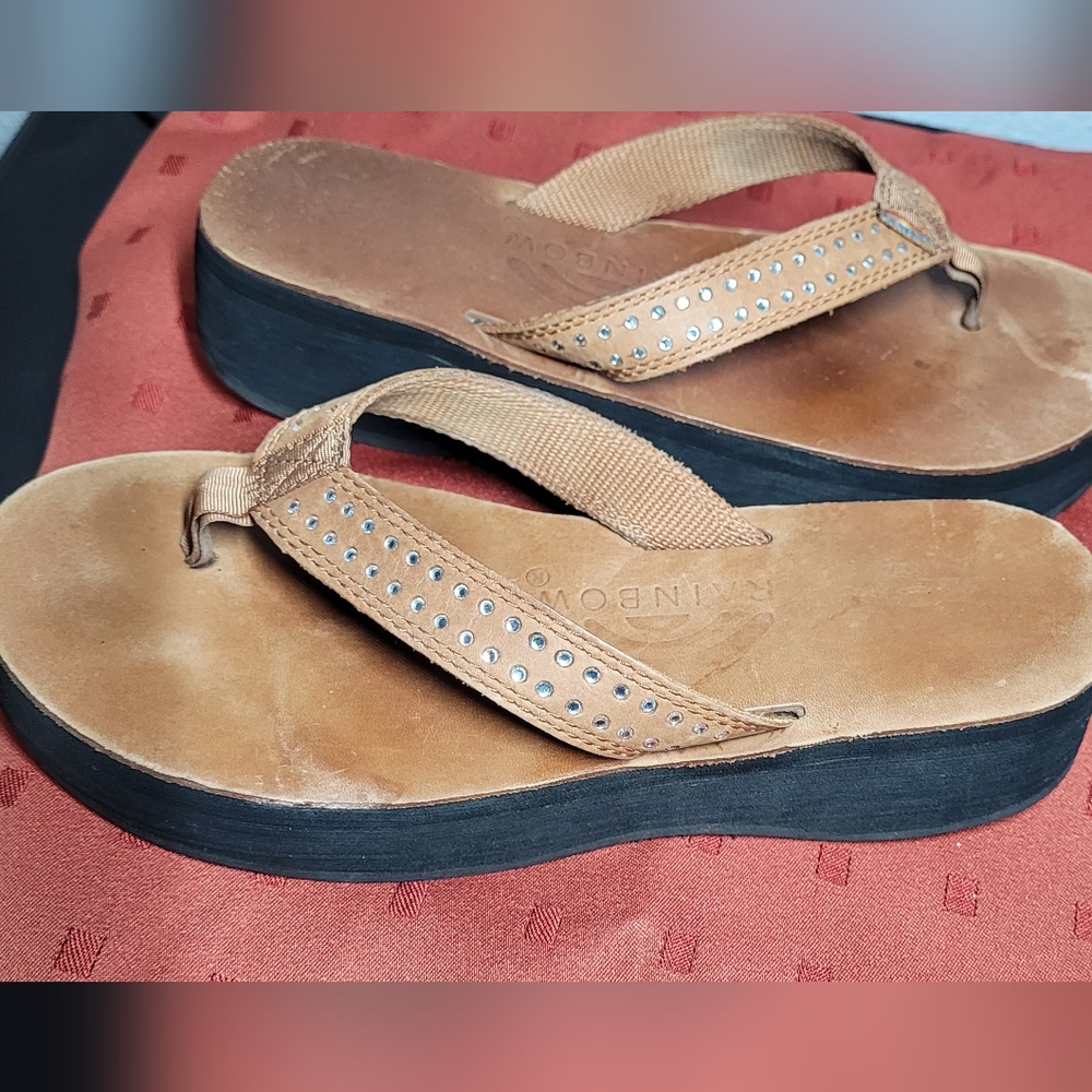 Rainbow Brown Leather Thong Flip Flops Sandals Platform Size 5.5 - Picture 7 of 11